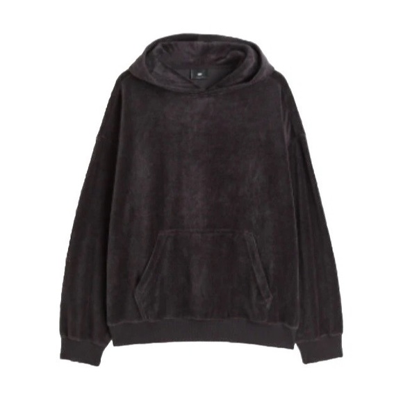 H&M Tops - H&M Black Oversized Thick Velour Hoodie Drop Shoulder Kangaroo Winter Cozy Top M